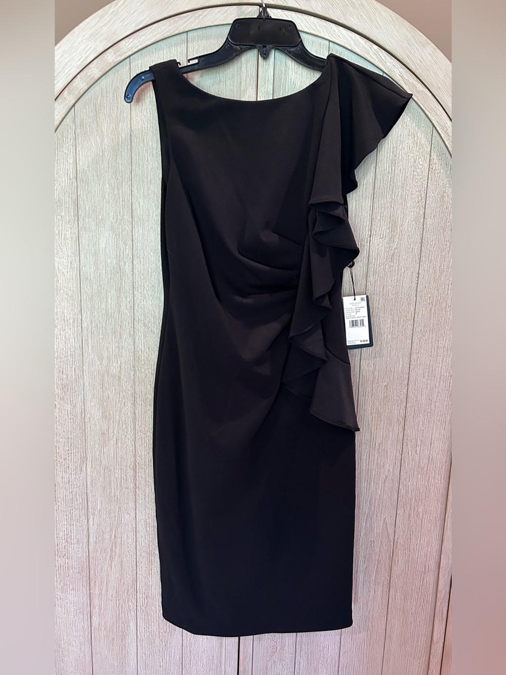 Adrianna Papell Black One-Shoulder Ruffle Sheath Dress
